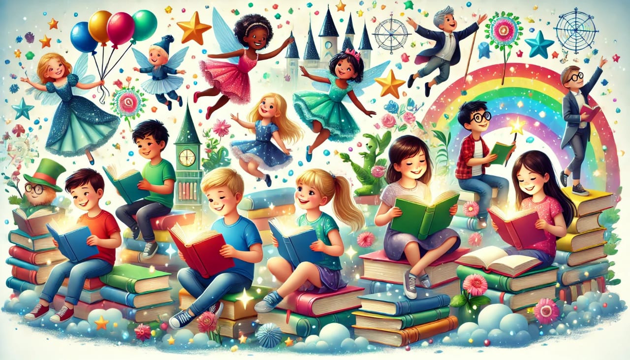 Es una ilustración colorida de niños leyendo, rodeados de elementos mágicos como estrellas y libros flotantes.